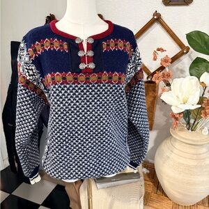 Gorsuch sondre 100% wool Chic Navy and Red Patterned Women's Sweater